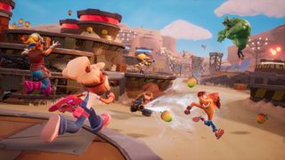 Crash Team Rumble screenshot showing Crash and other characters fighting over Wumpa fruit in an arena
