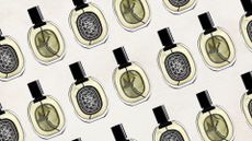 A collage featuring a bottle of Diptyque's Orpheon eau de parfum, which features an oval illustrative label, seen from the front and back, displayed in a diagonal pattern across a neutral background