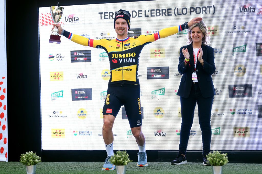 LO PORT SPAIN MARCH 24 Primoz Roglic of Slovenia and Team JumboVisma celebrates at podium as stage winner during the 102nd Volta Ciclista a Catalunya 2023 Stage 5 a 1766km stage from Tortosa to Lo Port Mirador del Portell 1033m UCIWT on March 24 2023 in Lo Port Spain Photo by David RamosGetty Images