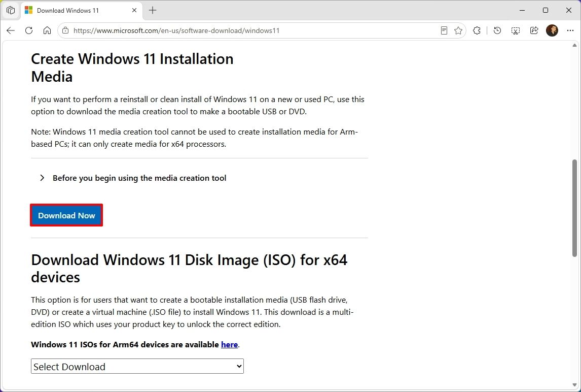 Microsoft download page showing the Media Creation Tool option.