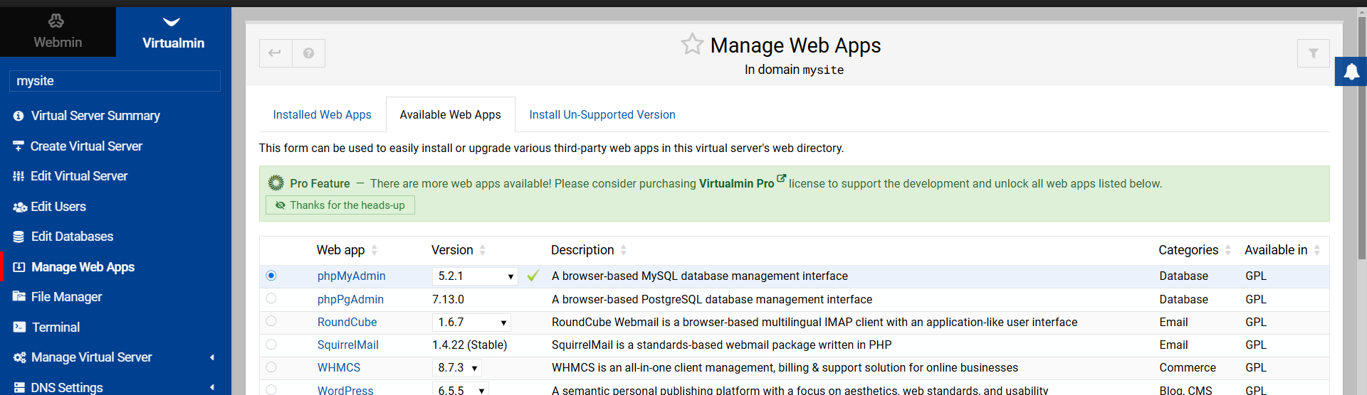 Manage Web Apps