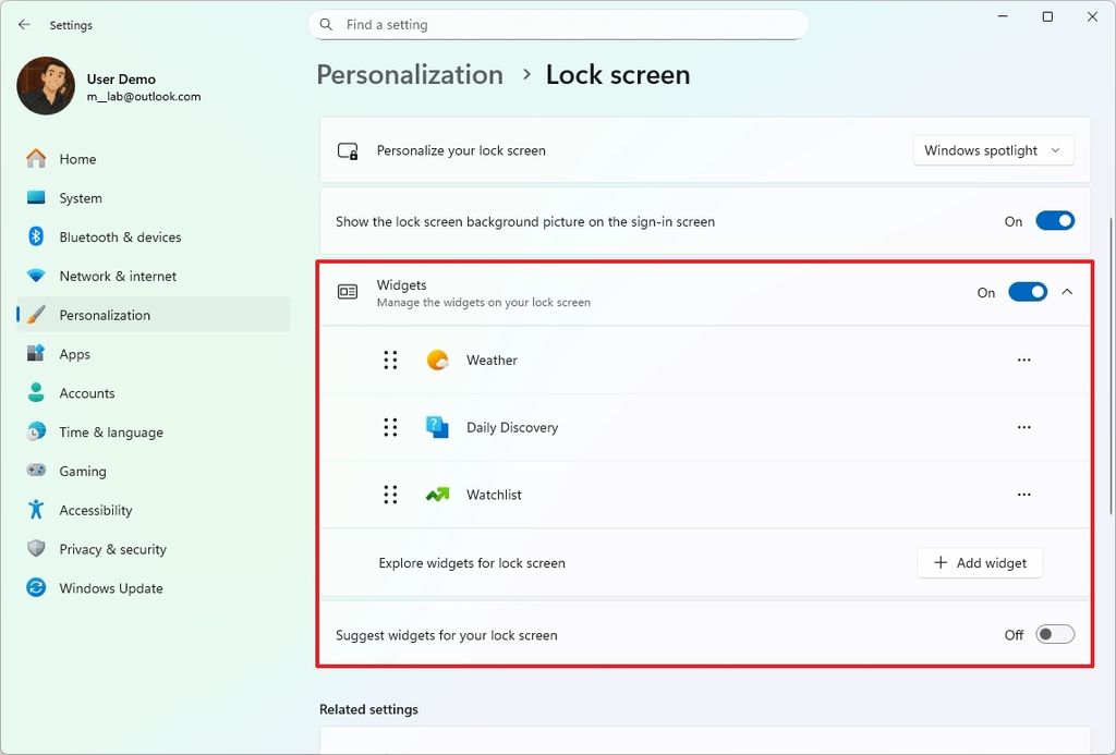 Lock Screen Widgets settings