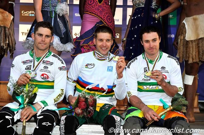 Elite men's downhill 2013 world championship podium: Mick Hannah (Australia), Greg Minnaar (South Africa), Jared Graves (Australia)