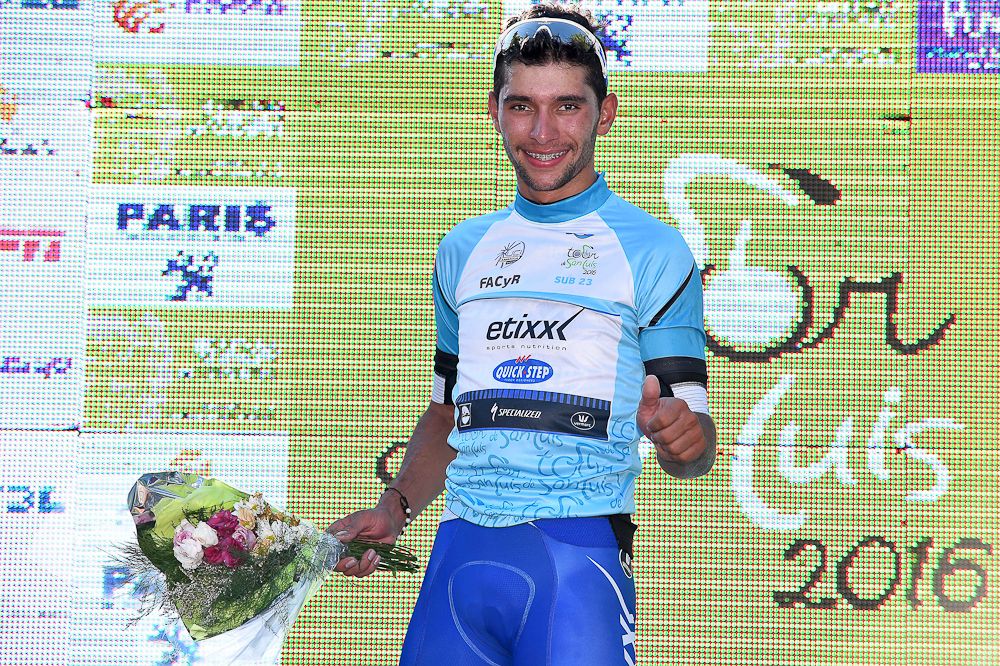 Fernando Gaviria on the stage 2 podium.