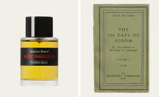 Frederic Malle Musc Ravageur perfumer in glass bottle with black label, next to old edition of Marquis de Sade book with green cover