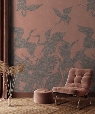 Terracotta wallpaper with heron pattern