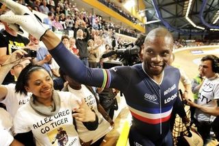 Grégory Baugé celebrates his victory with his friends and family