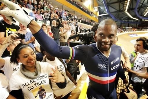 Gr&eacute;gory Baug&eacute; celebrates his victory with his friends and family