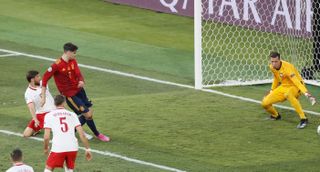 Spain’s Alvaro Morata scores against Poland at Euro 2020