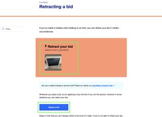 eBay "retracting a bid" page with an item highlighted