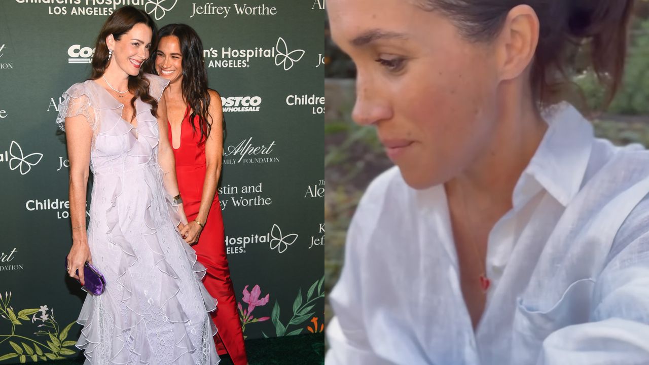 Kelly McKee Zajfen and Meghan Markle posing in pink and red gowns on a red carpet and holding hands next to a photo of meghan wearing a white button down shirt looking to the left