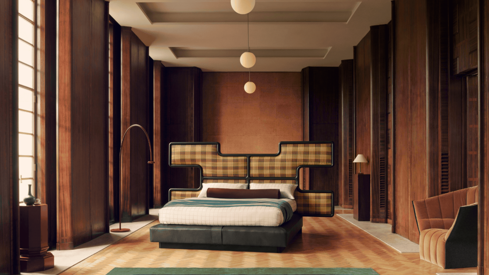A rotating GIF of four different, luxurious interiors showcasing different product launches. There are living room with modern, warm furniture and a bedroom with an abstract headboard.