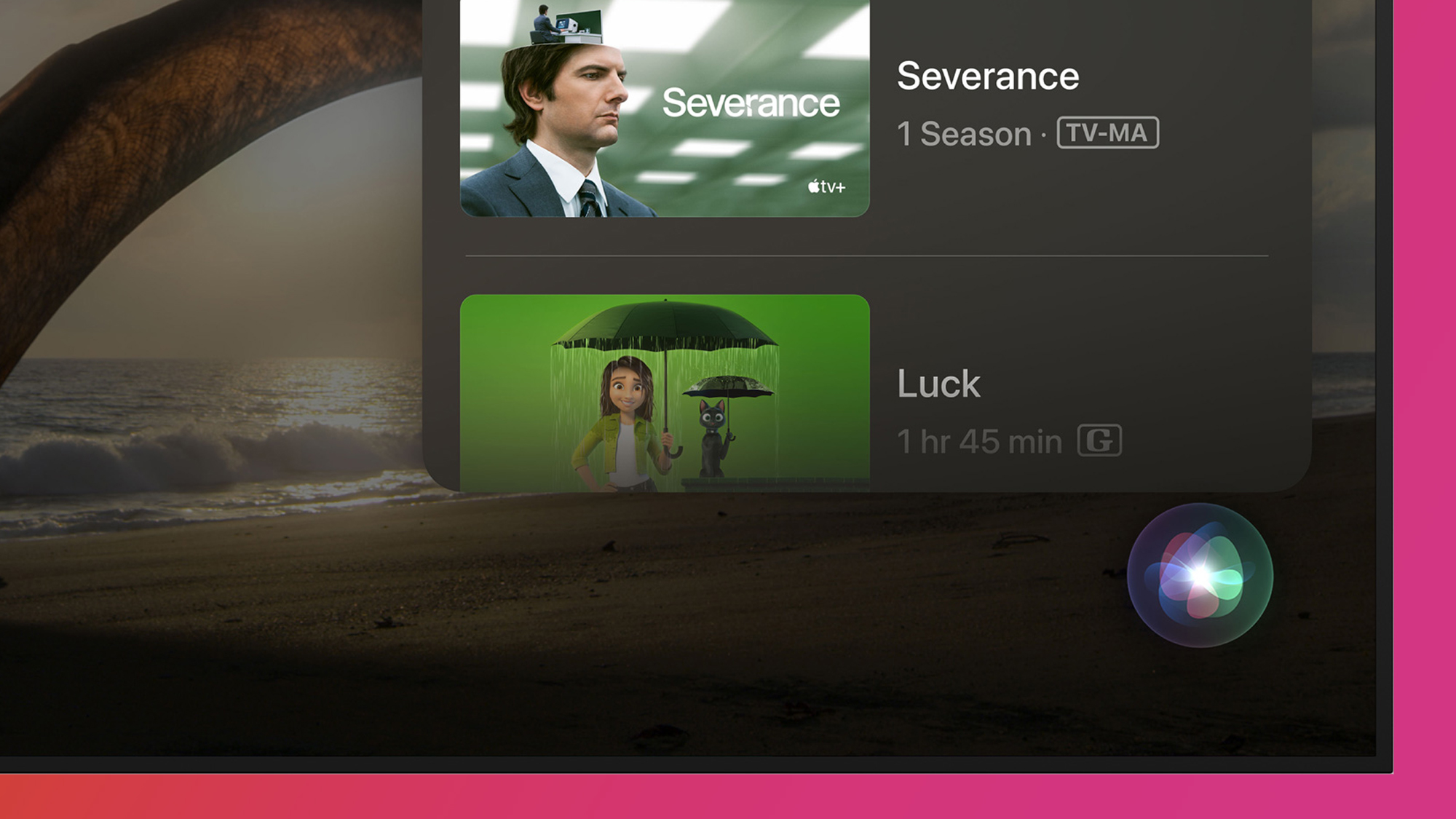 A TV on an orange and pink background showing the Apple TV interface