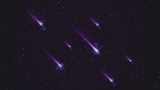 about eight meteors streaking in the sky in an illustration, with purple tails