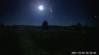 A surveillance camera captured this view of a fireball over Hartsel, Colorado (about 100 miles, or 160 kilometers southwest of Denver), at 4:31 a.m. local time on Oct. 3, 2021.