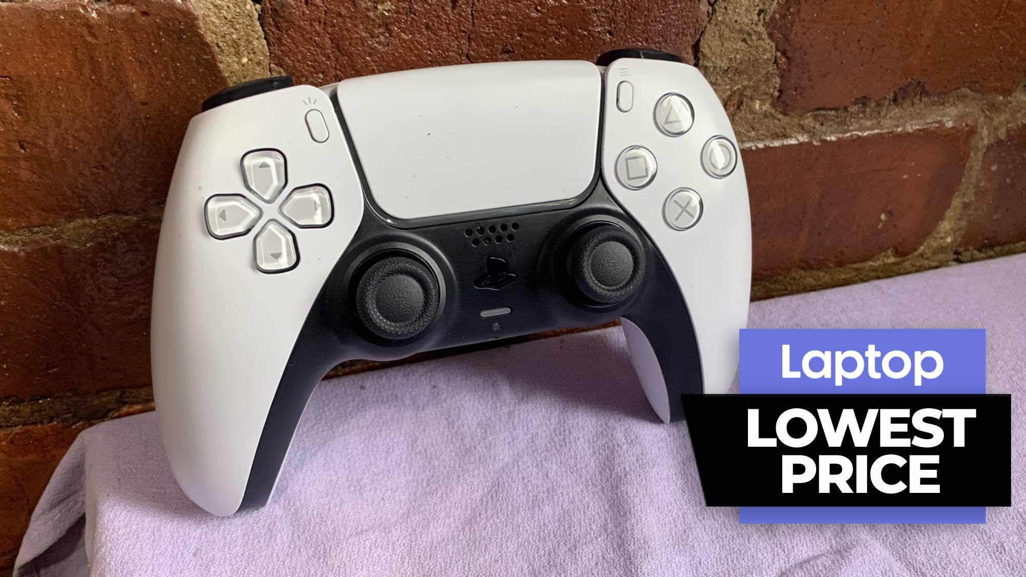PS5 DualSense controller against a brick wall background