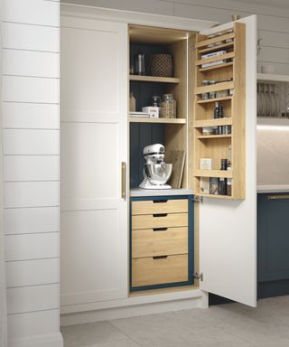 Wooden pantry with shelving in door and draws