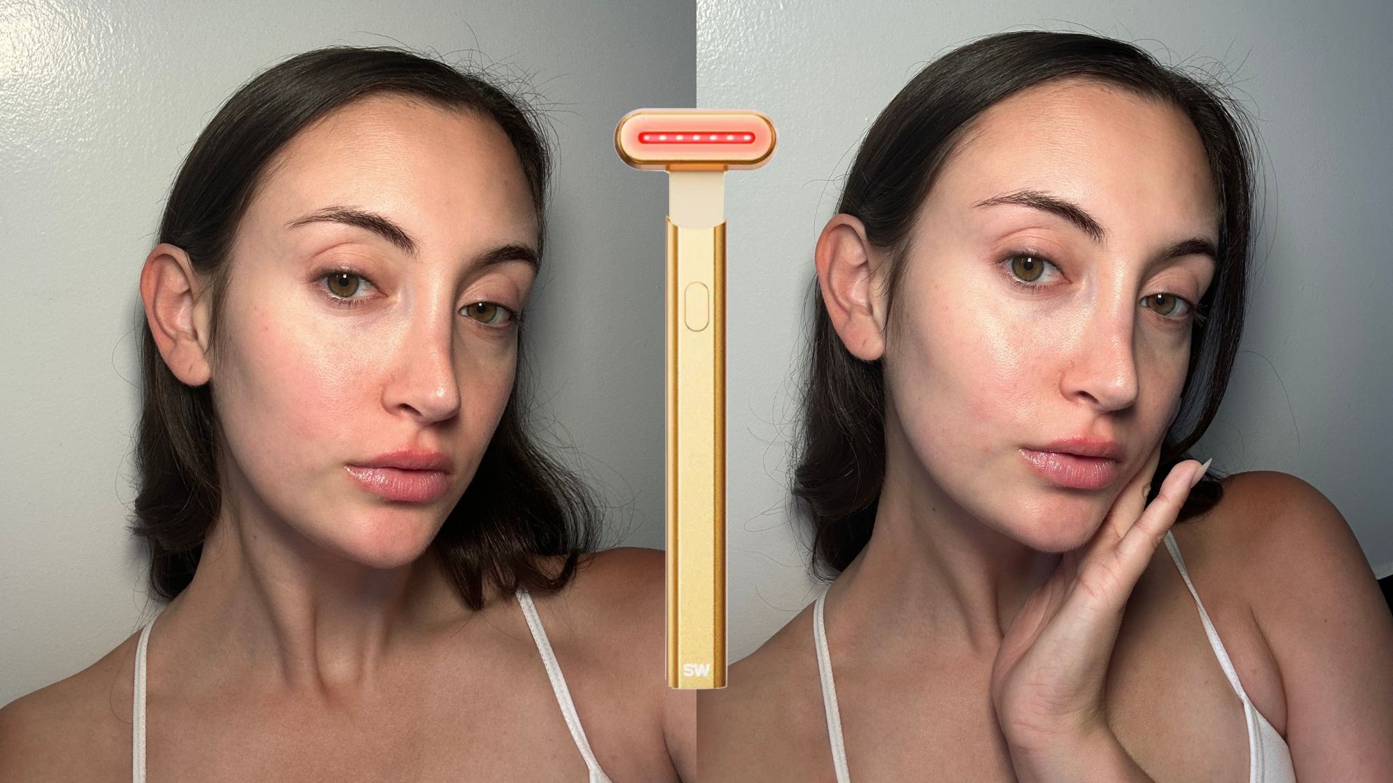 Split image of Alyssa Brascia before and after using the Solawave; the Solawave Skincare Wand in gold at the center.