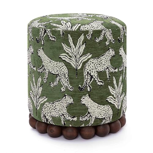 Tov Furniture Dex Small Round Ottoman, Leopard Jacquard, Olive Green