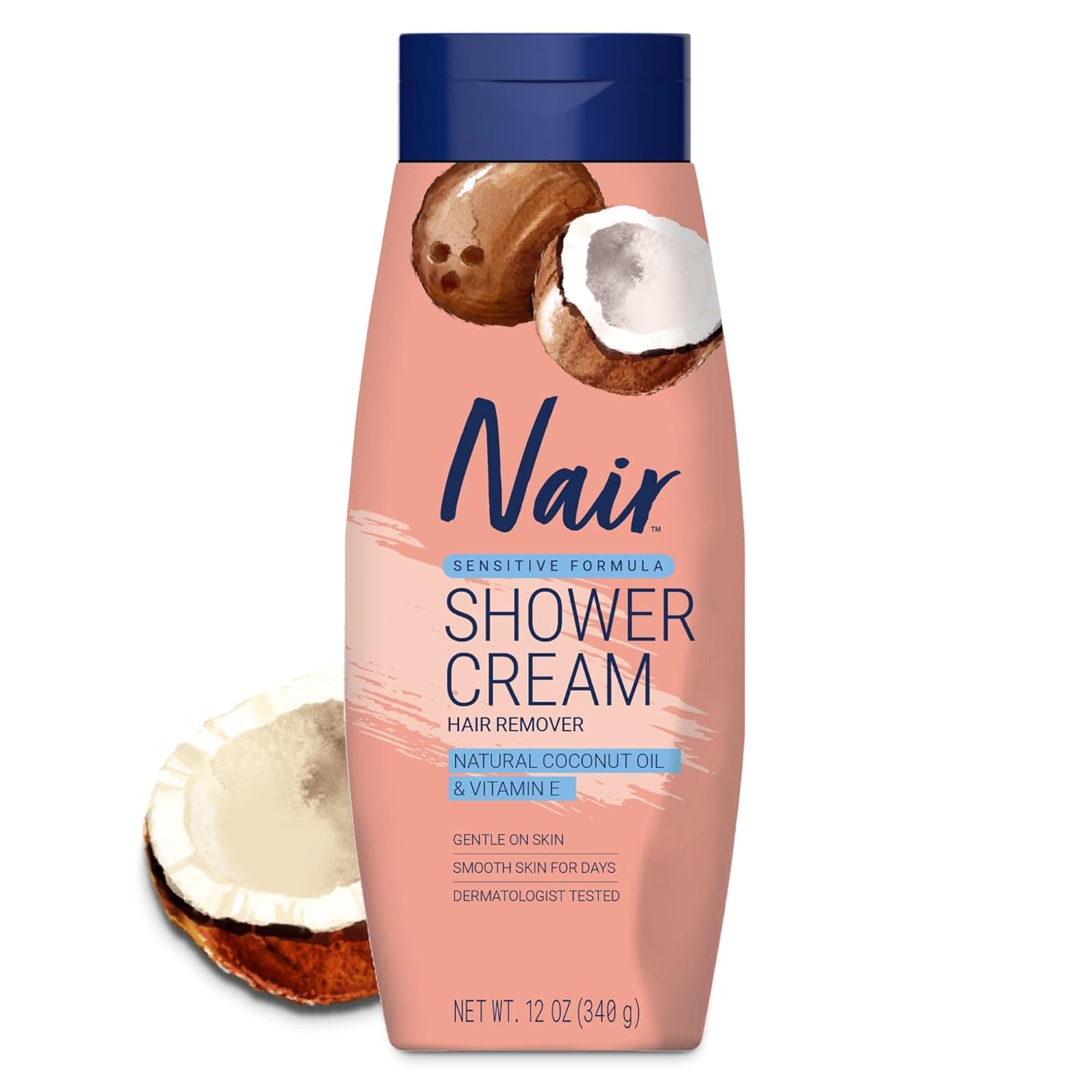 Nair, Nair Sensitive Shower Cream Hair Remover With Natural Coconut Oil and Vitamin E, Body Hair Removal Cream, 12 Oz