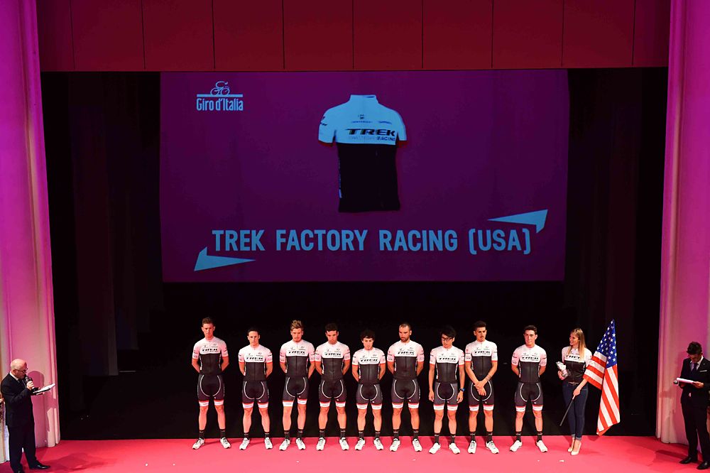 Trek Factory Racing on stage at the 2015 Giro d'Italia team presentation