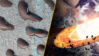 split image of kidney beans on mars and fiery impactor