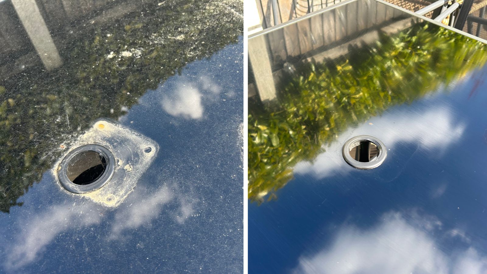 Cleaning outdoor table, before and after