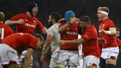 Wales players celebrate their 2019 Six Nations victory over England in Cardiff