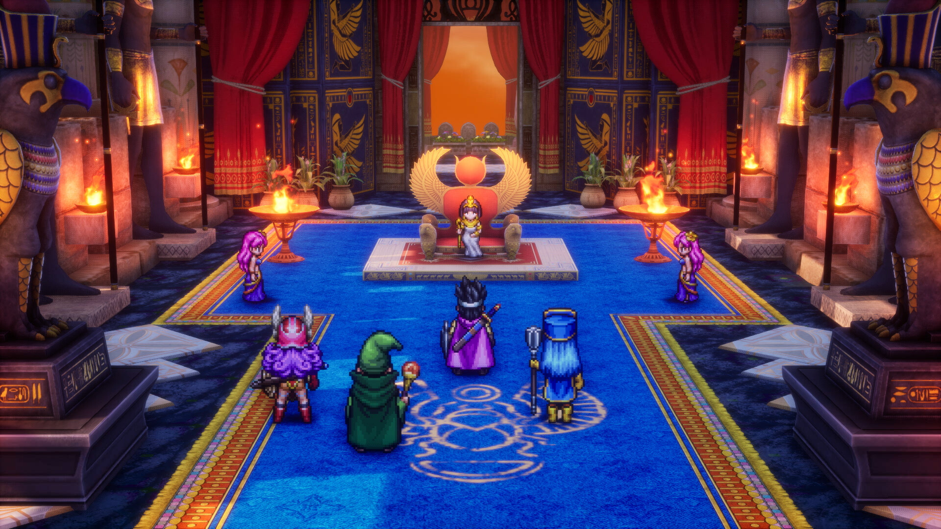 The hero and his party standing in a palace during a scene in the RPG Dragon Quest 3 HD-2D