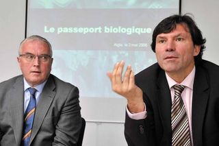 Pat McQuaid and Mario Zorzoli unveil the biological passport in 2008.