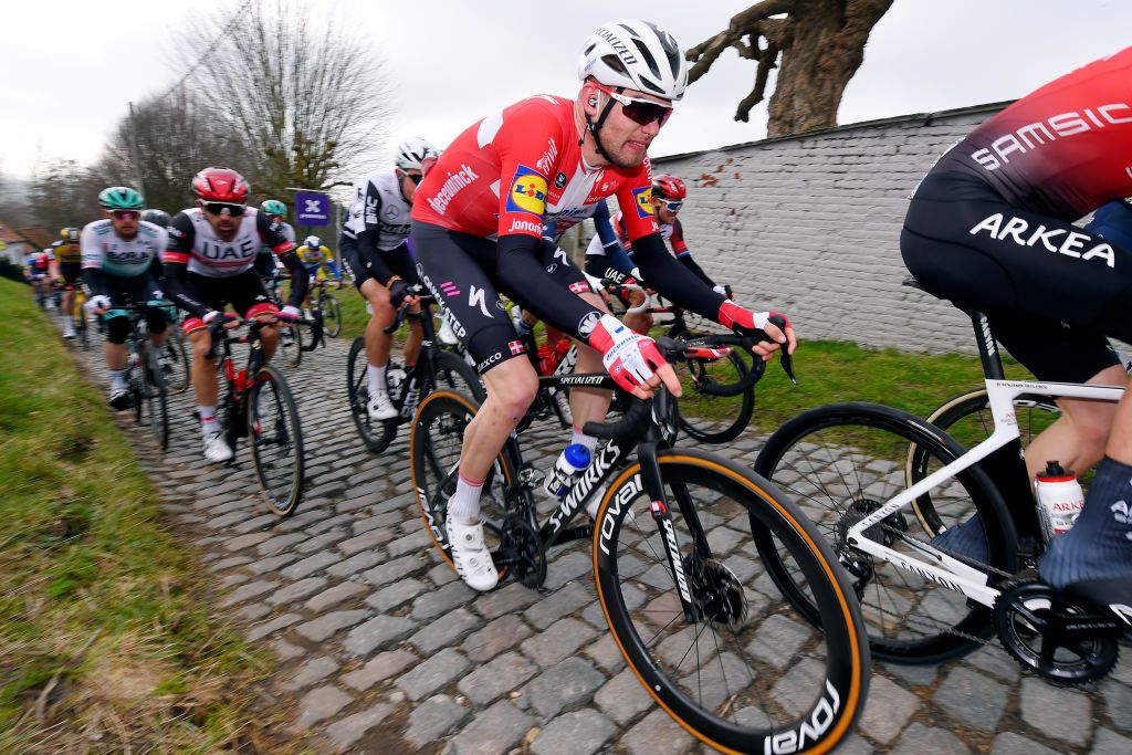 Kasper Asgreen in action at the 2021 Omloop Het Nieuwsblad