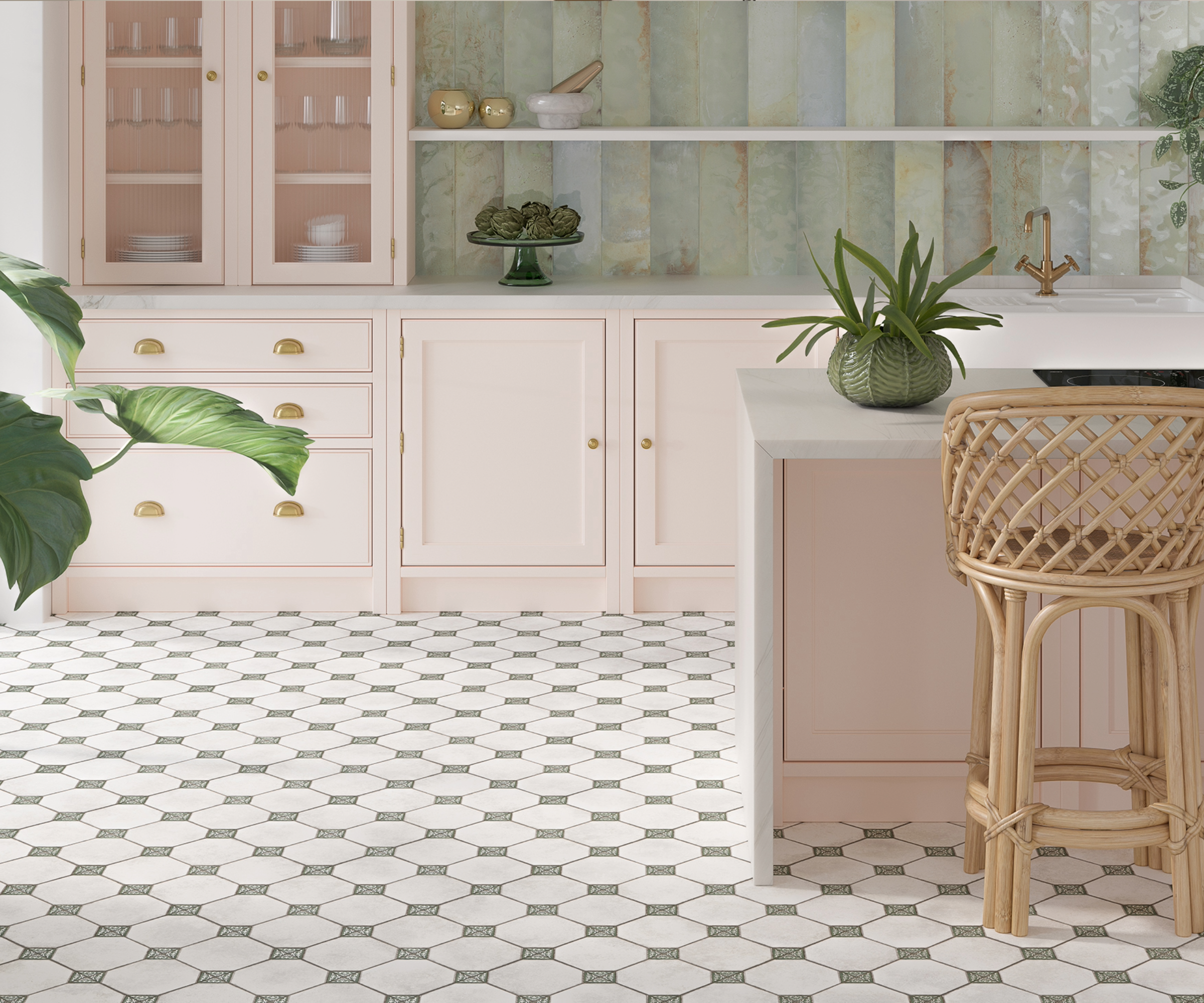 Pink and green kitchen with patterned flooring