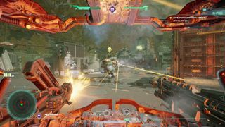 Two mechs engage in combat, with damage numbers flying everywhere, in Hawken Reborn.