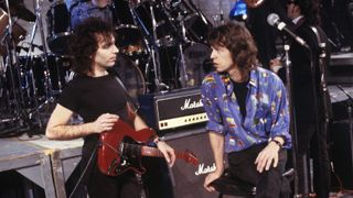 Mick Jagger (R) and Joe Satriani (L) rehearsing for Mick Jagger's solo tour at SIR Studios in New York City on February 20, 1988.