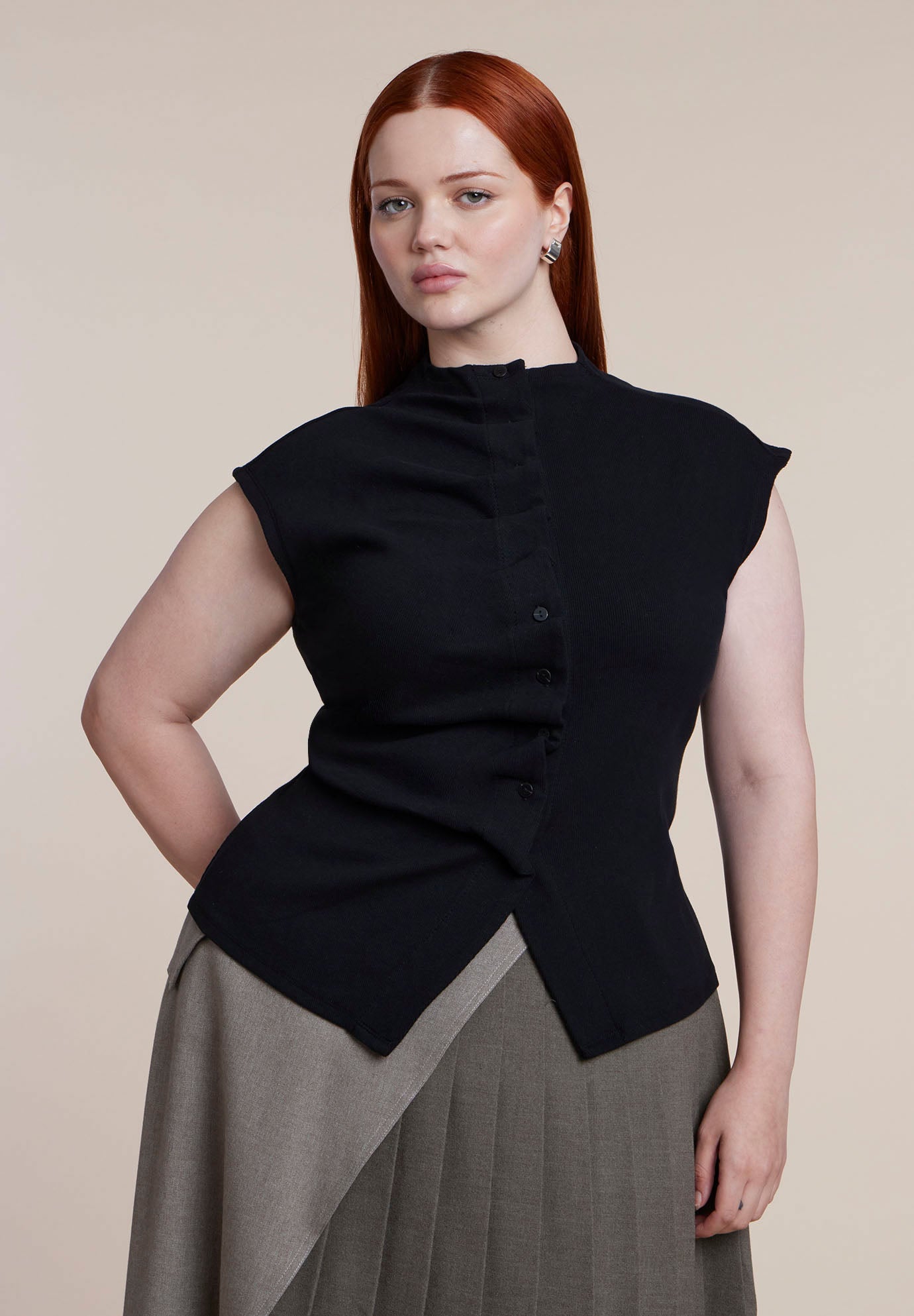 Pleated Button-Front Mock Neck Top