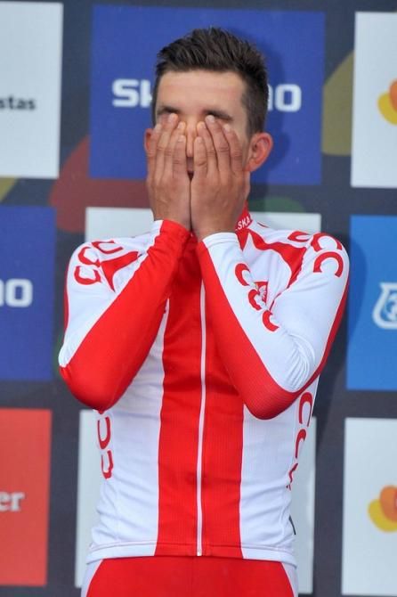 Michal Kwiatkowski (Poland) on the podium before receiving the rainbow jersey and gold medal