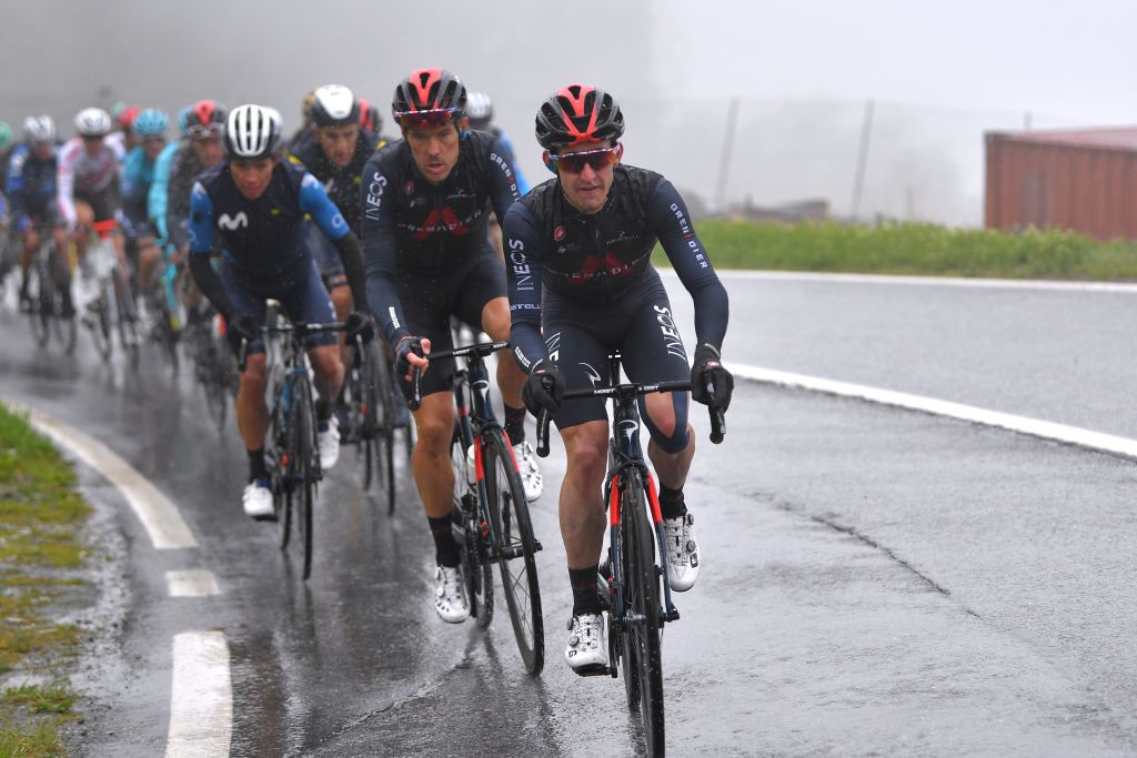 THYON 2000 LES COLLONS SWITZERLAND MAY 01 Rohan Dennis of Australia Eddie Dunbar of Ireland and Team INEOS Grenadiers during the 74th Tour De Romandie 2021 Stage 4 a 1613km stage from Sion to Thyon 2000 Les Collons 2076m Rain TDR2021 TDRnonstop UCIworldtour on May 01 2021 in Thyon 2000 Les Collons Switzerland Photo by Luc ClaessenGetty Images