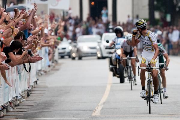George Hincapie has plenty of time to look back before celebrating at the line.