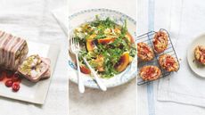compilation of three images showing a terrine, nectarine salad and plum friands