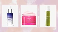 Collage of Elemis products (L-R) Peptide4 Flower Overnight Radiance Peel, Superfood Midnight Facial and Superfood Multi Mist, on a pink and purple watercolour background