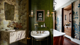 three bathrooms with green-toned wallpaper 