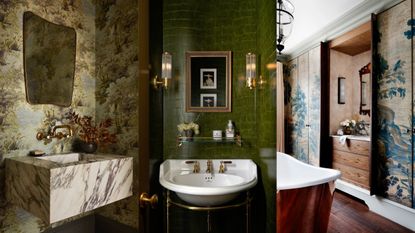 three bathrooms with green-toned wallpaper 