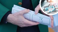 A man wearing the Augusta National Green Jacket, holding a number of Masters scorecards, with an inset image in the top right of data analysis taking place