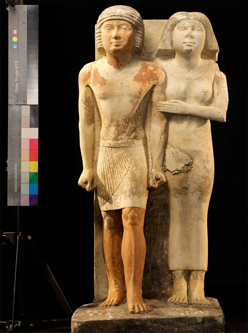 One of the four tombs surrounding that of the princess belonged to Nefer, the overseer of the scribes of the crews, and contained four statues of the tomb's owner (shown here with his wife Hathorneferet).