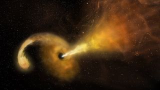 An illustration shows a tidal disruption event, a black hole ripping apart a star and devouring it.