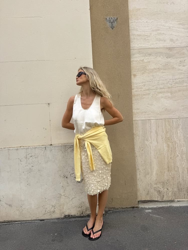 An image of @josefinehj wearing a embellished skirt, one of the biggest summer skirt trends.