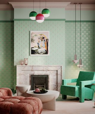 green modern living room, green wallpaper and drapes, coral modern couch, green modern armchair, contemporary lighting, fireplace, artwork, Divine Savages