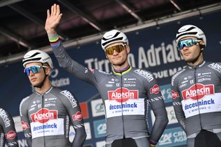 Mathieu van der Poel lines up with his team at sign on for stage two of Tirreno-Adriatico 2025