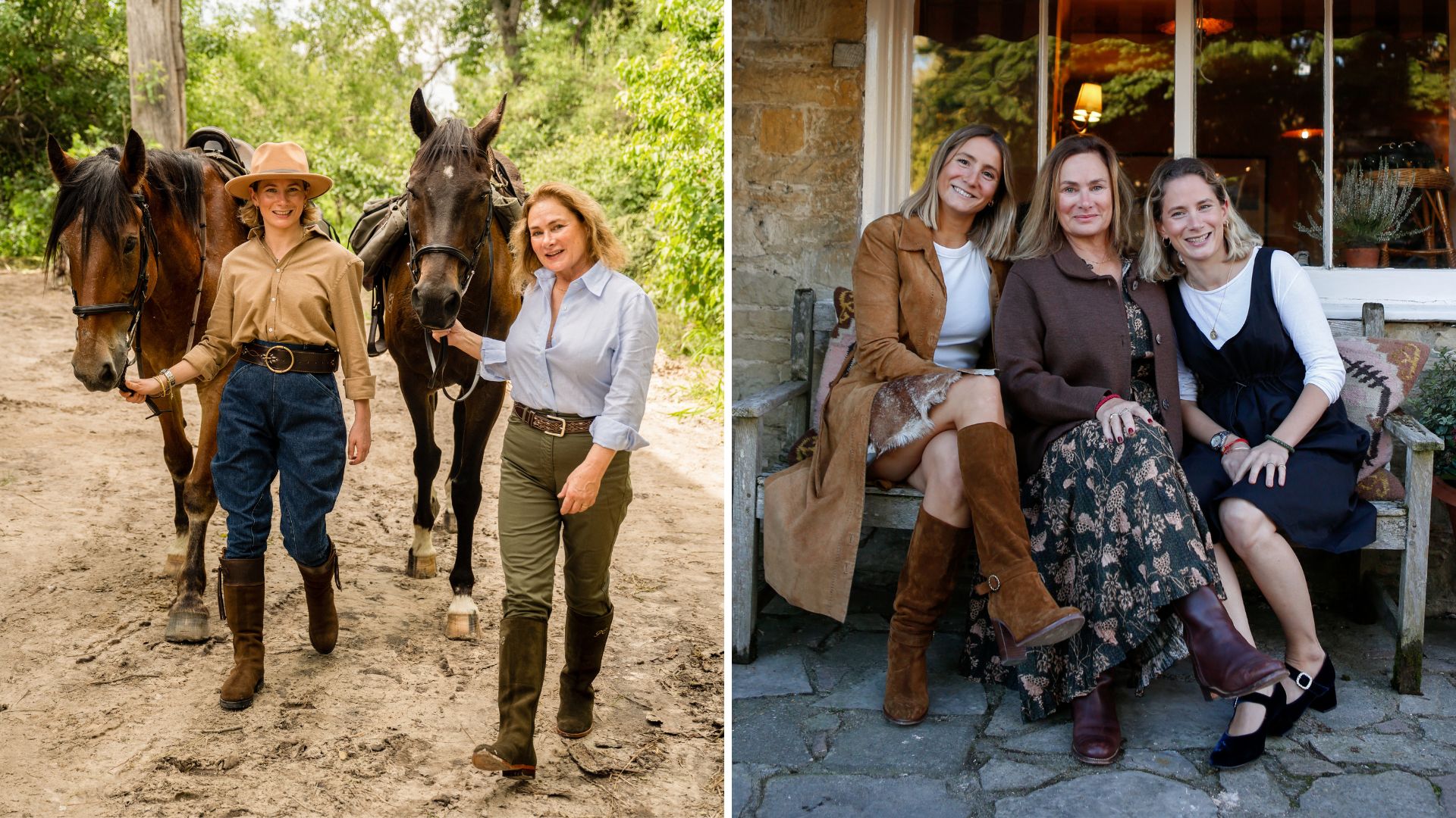 Penelope Chilvers horseriding with her daughter on the left and sitting on a bench with her two daughters on the right