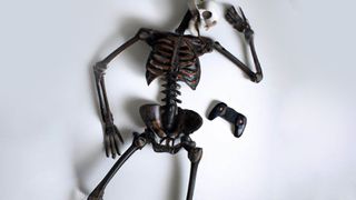 Bing AI generated image of a skeleton holding an Xbox controller